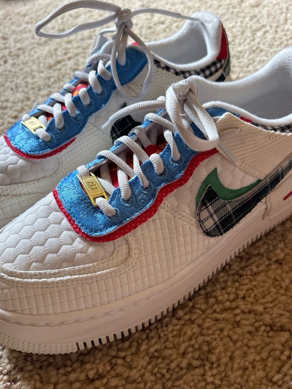 Women's Shoes Nike Rare Air Force 1 Shadow White Red Blue Green Plaid Size 9.5